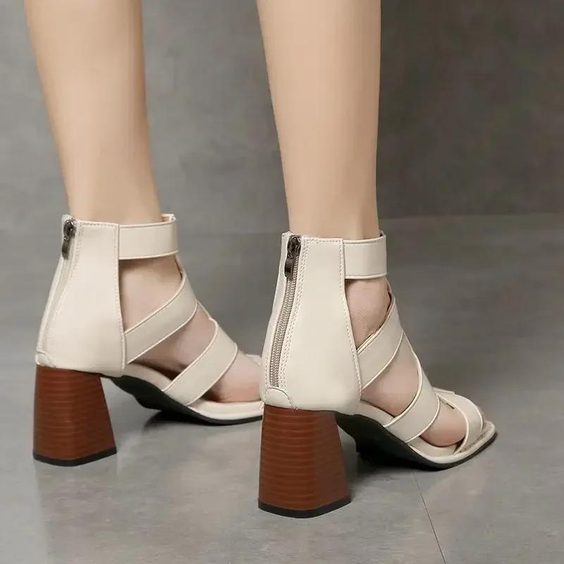 High Heels Open Toe Summer 2025 Footwear Zip Ladies Shoes for Office Work Sandals Women Brown Leather Thick Heel Sexy Outdoor