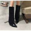 New Women's Furry Warm Knee High Boots Genuine Leather Solid Color Concise Sexy Women Shoes Slip-On Pointy Thin Heels