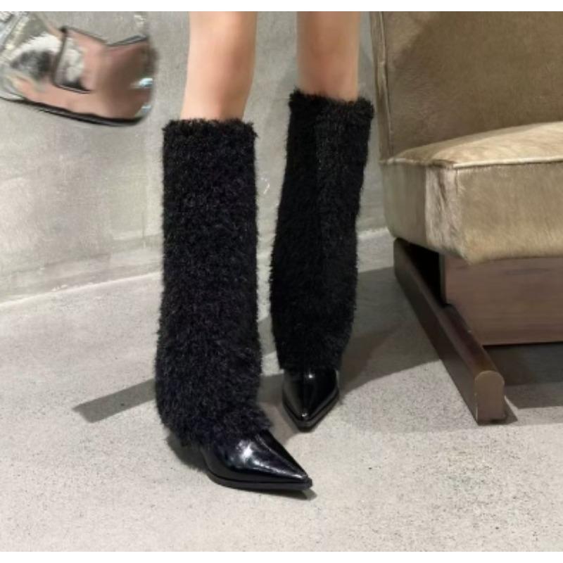 New Women's Furry Warm Knee High Boots Genuine Leather Solid Color Concise Sexy Women Shoes Slip-On Pointy Thin Heels