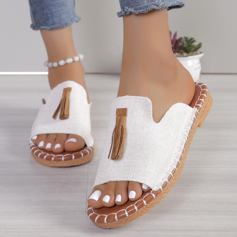 Damen Quasten-Dekor Pantoletten Lässige Slipper Flache Sommerschuhe Leichte Pantoletten