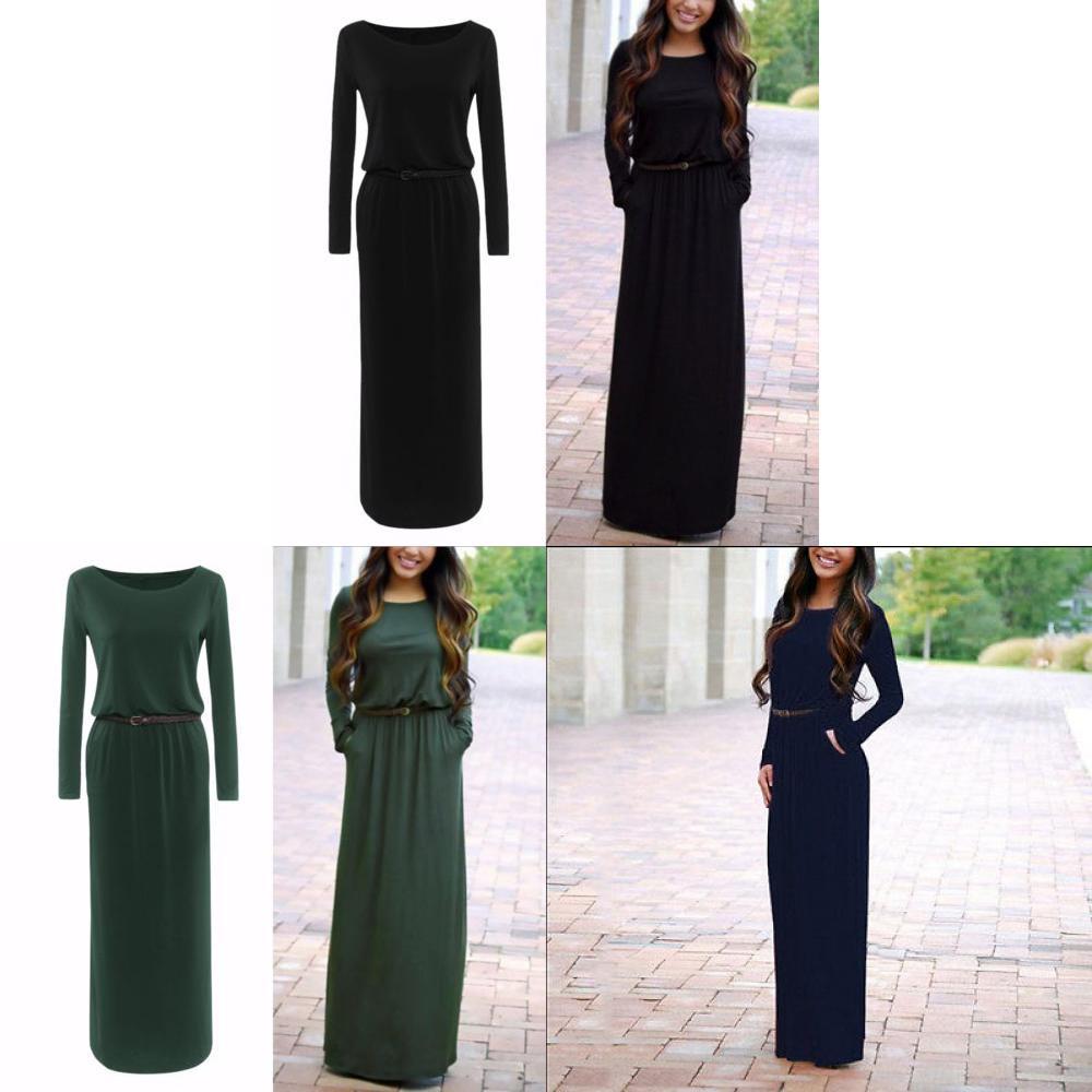 Casual Fashion Women Long Sleeve Belted Party Evening Cocktail Long Dress Maxi