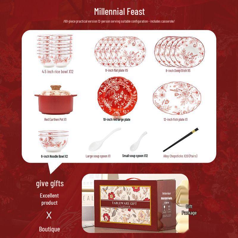Retro Red Ceramic Dinnerware Set Red Floral Gift Box Packaging