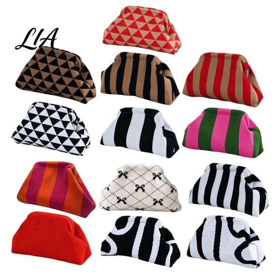 Portable Small Organizer for Purse Snap Shut Makeup Bag, Striped Knitted Clutch Pouch, Stylish Toiletry Bag Wide Open Cosmetic Pouch Brushes