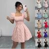 Women's Jacquard A-Line Mini Dress, Elegant Square Neck Puff Sleeve Slim Fit Short Dress for Summer Casual Daily Wear