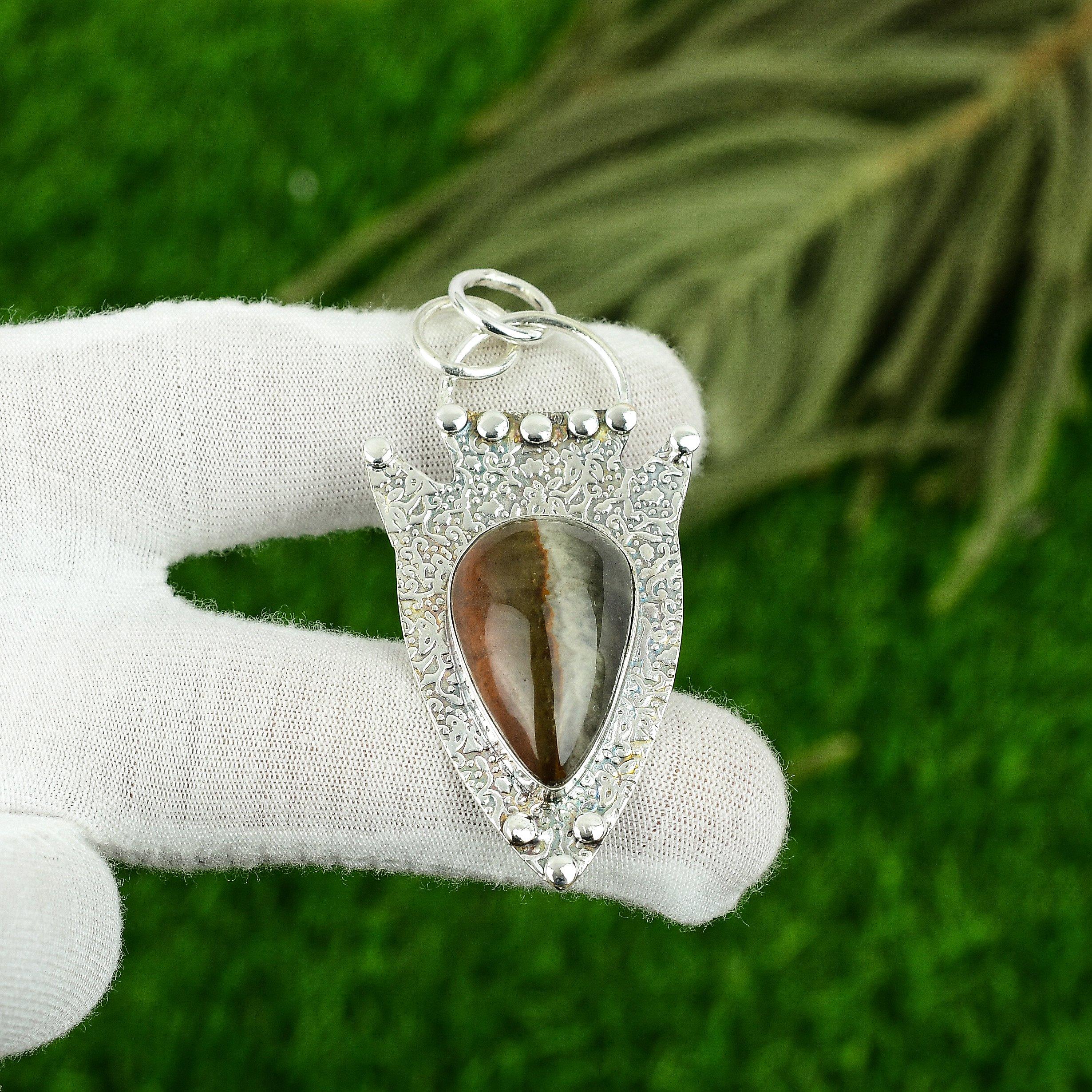 925 Silver Pear Polychrome Jasper Stone Bezel Sister Engagement Art Deco Pendant