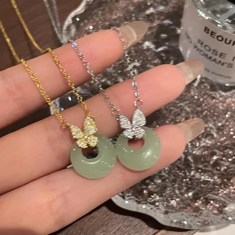 Chinese-Style Butterfly Pendant: Light Luxury Jade Necklace with Full Diamond Accents - Ideal Women s Birthday Gift Full Diamond Butterfly Pendant [Gold & White Jade]