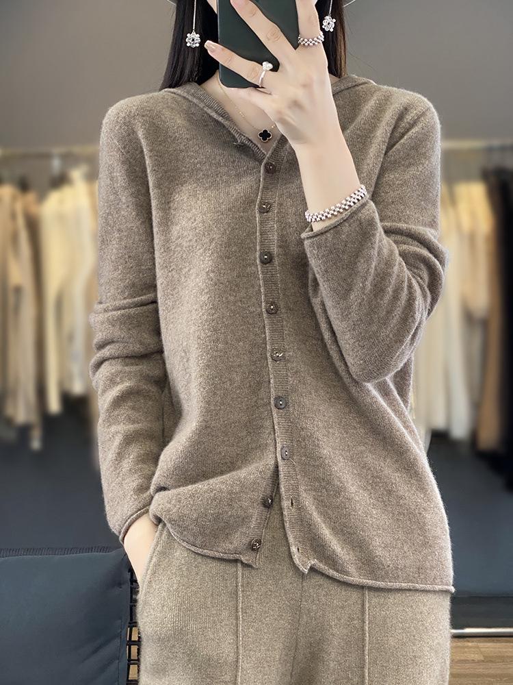 Literary Coconut Button Hooded Wool Cardigan - Seamless, Versatile, Thin Jacket for 2026