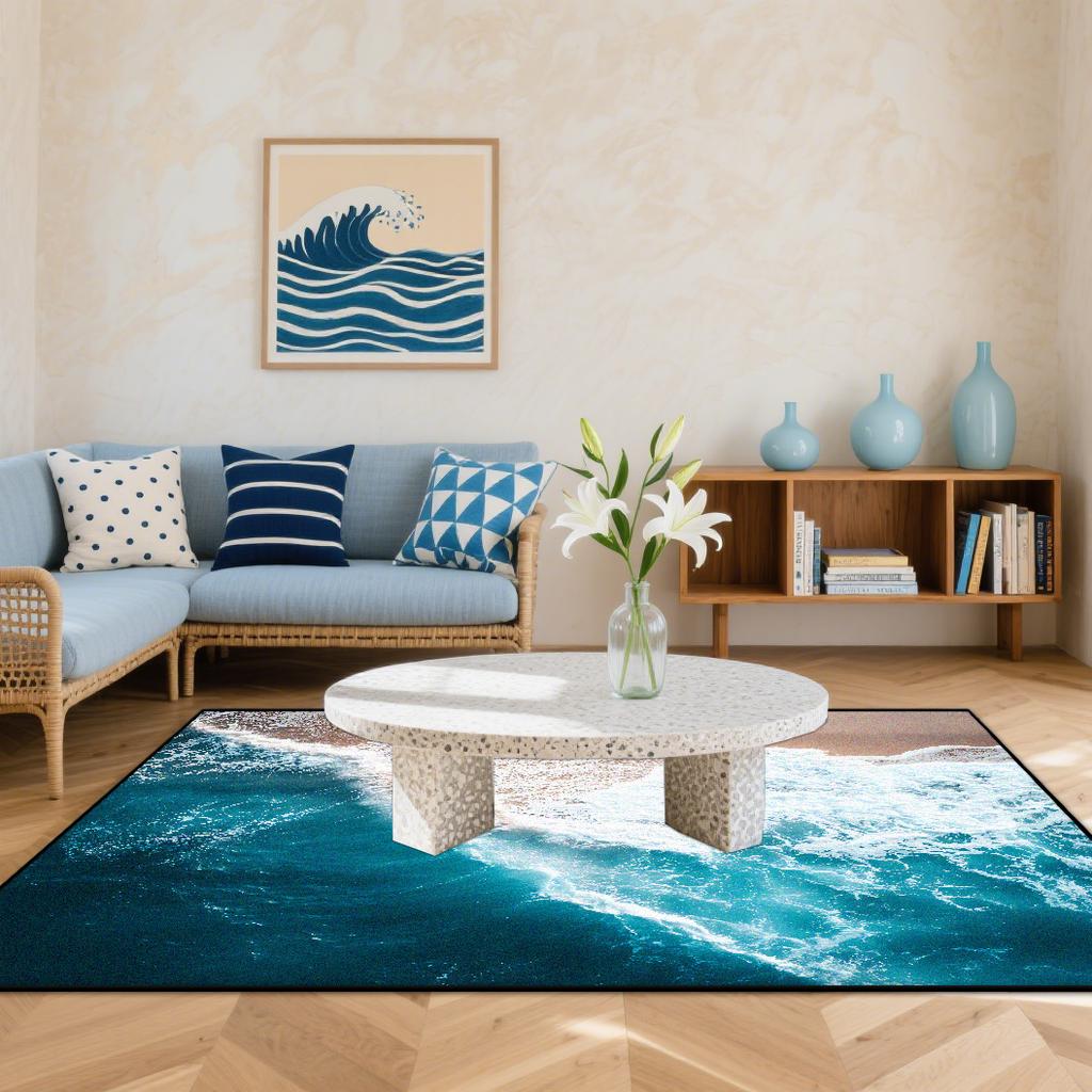 3D Küstenstrandwellen Teppiche Wohnzimmer Cartoon Dekoration Zuhause Großer Teppich Sofabereich Teppich Schlafzimmer Lounge Bodenmatte Waschbar