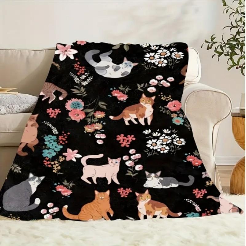 VIKAMA Cat and Floral Flannel Blanket Cat Blanket Is Soft and Machine Washable, Suitable for Sofa or Bed Home Decoration