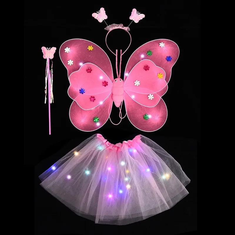 Non-Toxic 2-6 Year Led Children Costume Props Children Skirts Luminous Wing Toys Flashing Butterfly Wing Skirt Set Kids Luminous Party Toys