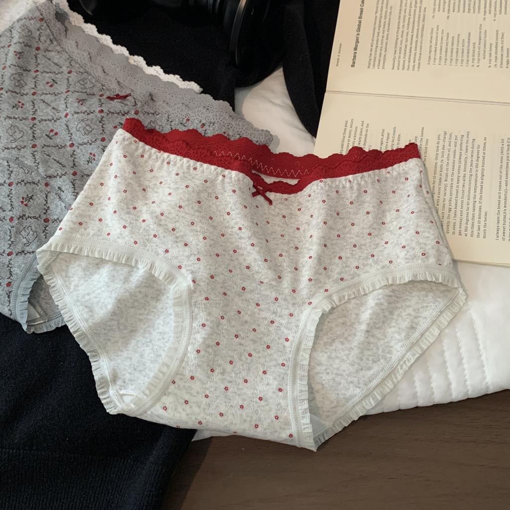 Women's Summer Cotton Polka Dot Lace Stitching Comfortable Skin Friendly Naked Feeling Hip Briefs