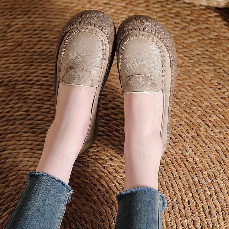 2026 Genuine Leather Loafers Women's Retro Round Toe Anti Skid Flats Woman Soft Daily Work Casual Walk Shoes Lady Zapatos Mujer
