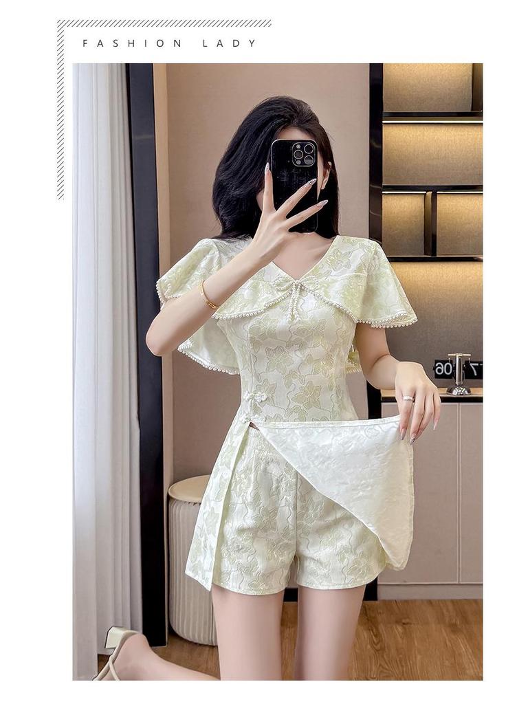 Summer New Chinese Style Lace Shawl Cape & Slim Fit Dress Shorts Set