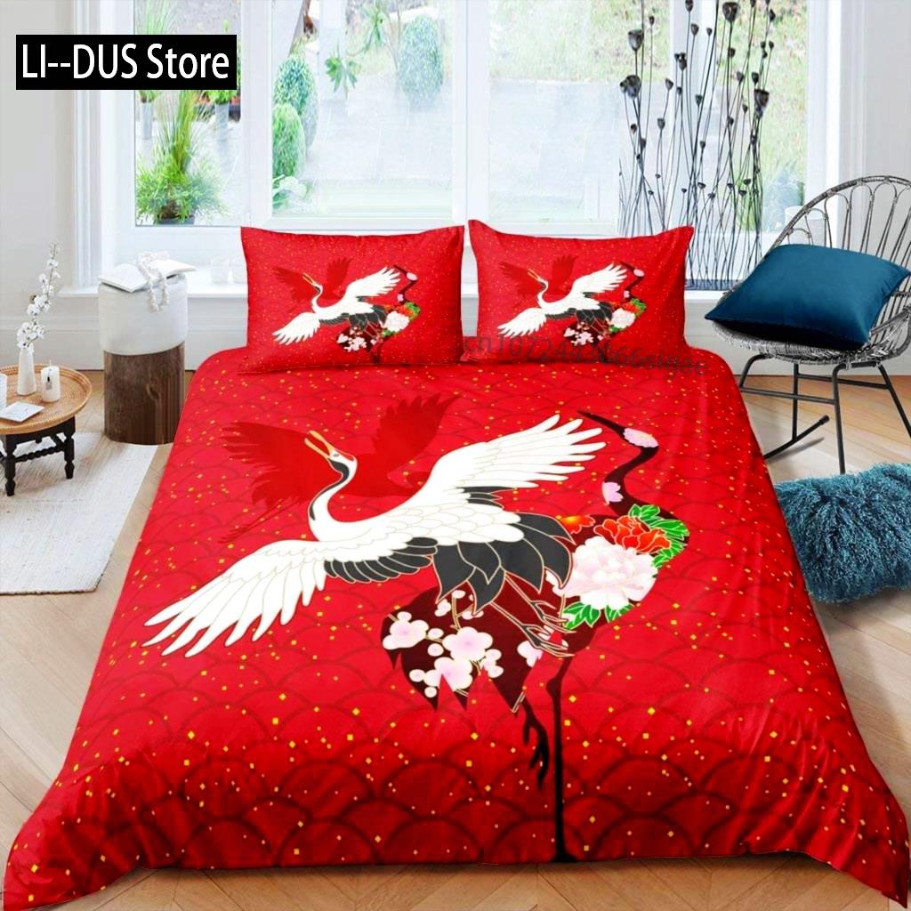 Comforter Crane Queen Size Japanese-Style Bedding Set Cherry Blossoms Pattern Women Girls Japanese Traditional