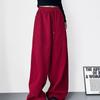 Red High-Waisted Wide-Leg Fleece-Lined Sweatpants for Girls & Women - Drapey Lazy Style Slimming Plus-Size Autumn New Arrival