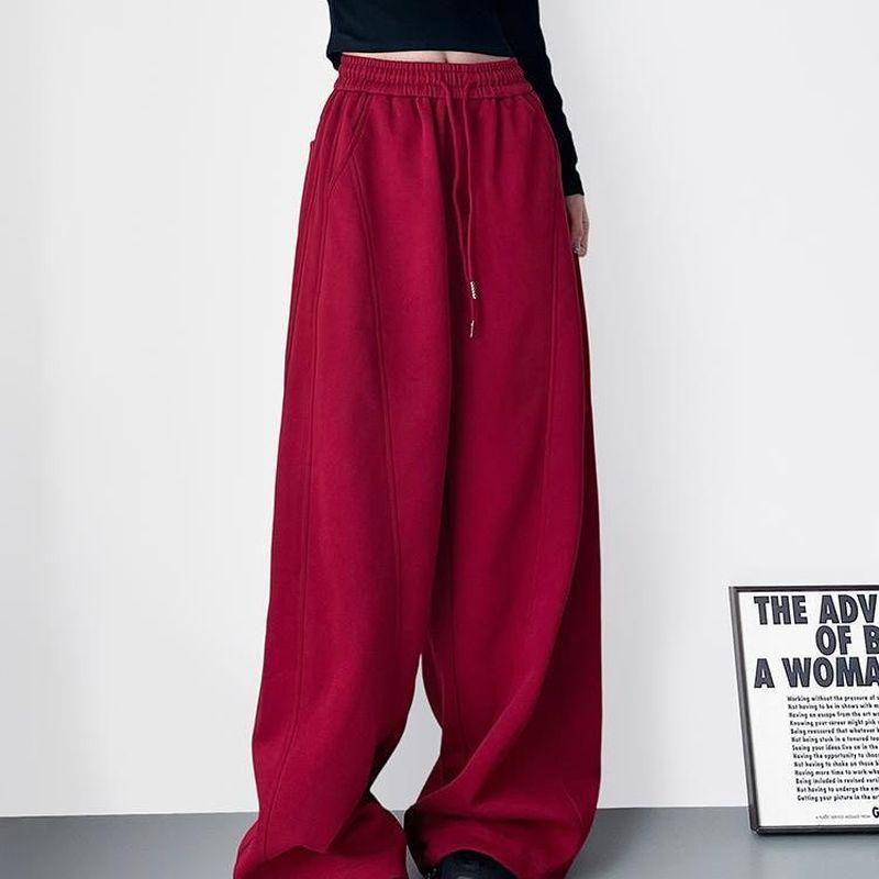 Red High-Waisted Wide-Leg Fleece-Lined Sweatpants for Girls & Women - Drapey Lazy Style Slimming Plus-Size Autumn New Arrival