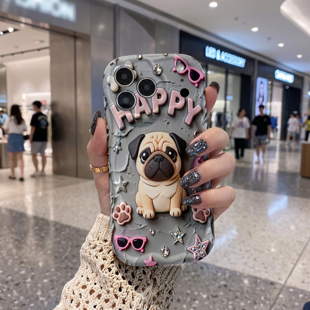 Pug HAPPY Letter Sunglasses Star Wavy Edge Phone Case for iPhone 17 16 15 14 13 12 11 8 7 Plus Pro Max Funny Dog