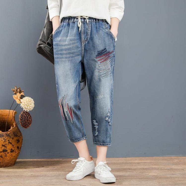 Jeans for Women In Spring Loose Fit Plus Size Elastic Waist Cartoon Embroidery Harem Pants Casual Pants