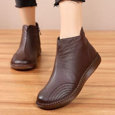 Herbst/Winter Echtes Leder Warme Flache Stiefeletten Damen Handgefertigt Lässig Bequem Seitenreißverschluss Stiefeletten Dame Weiche Flache Schuhe