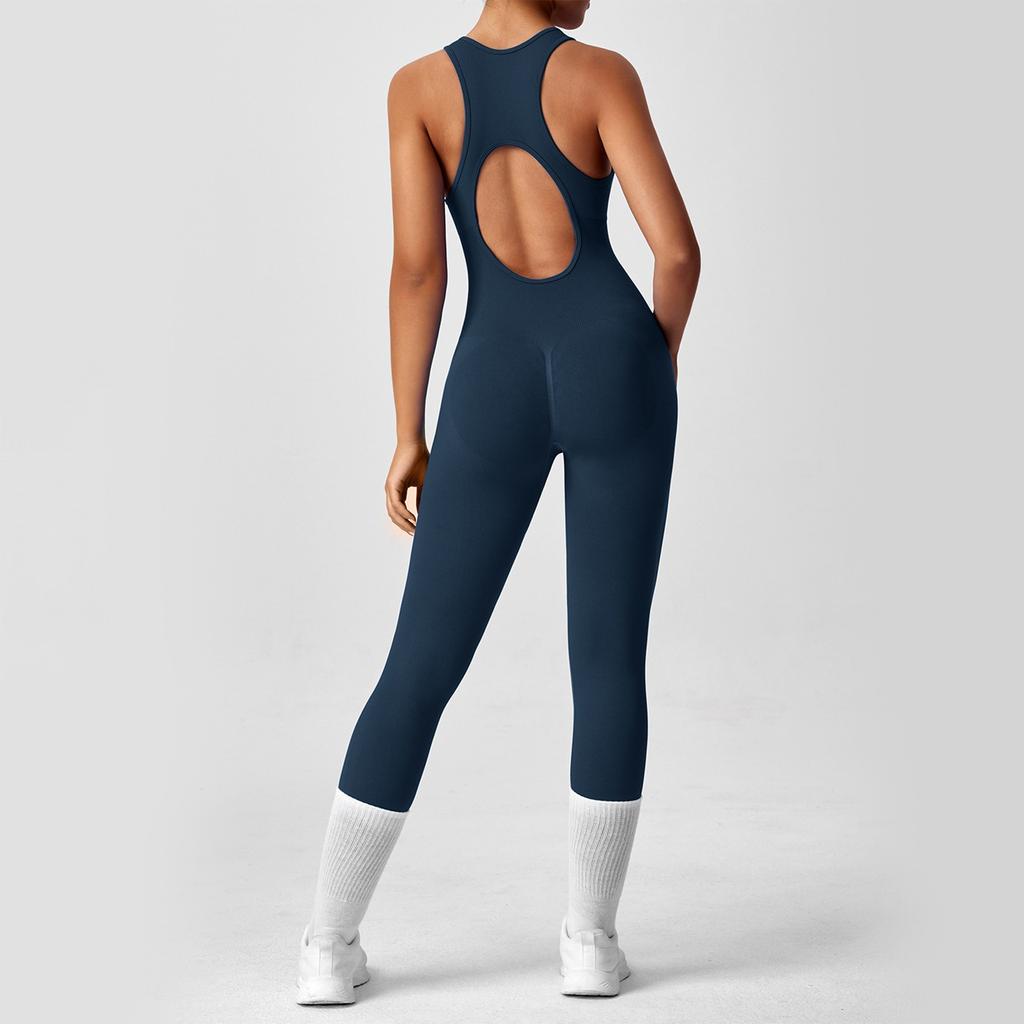 Tuta da Yoga da Donna alla Moda Monocolore Girocollo Schiena Stretta Tuta da Yoga