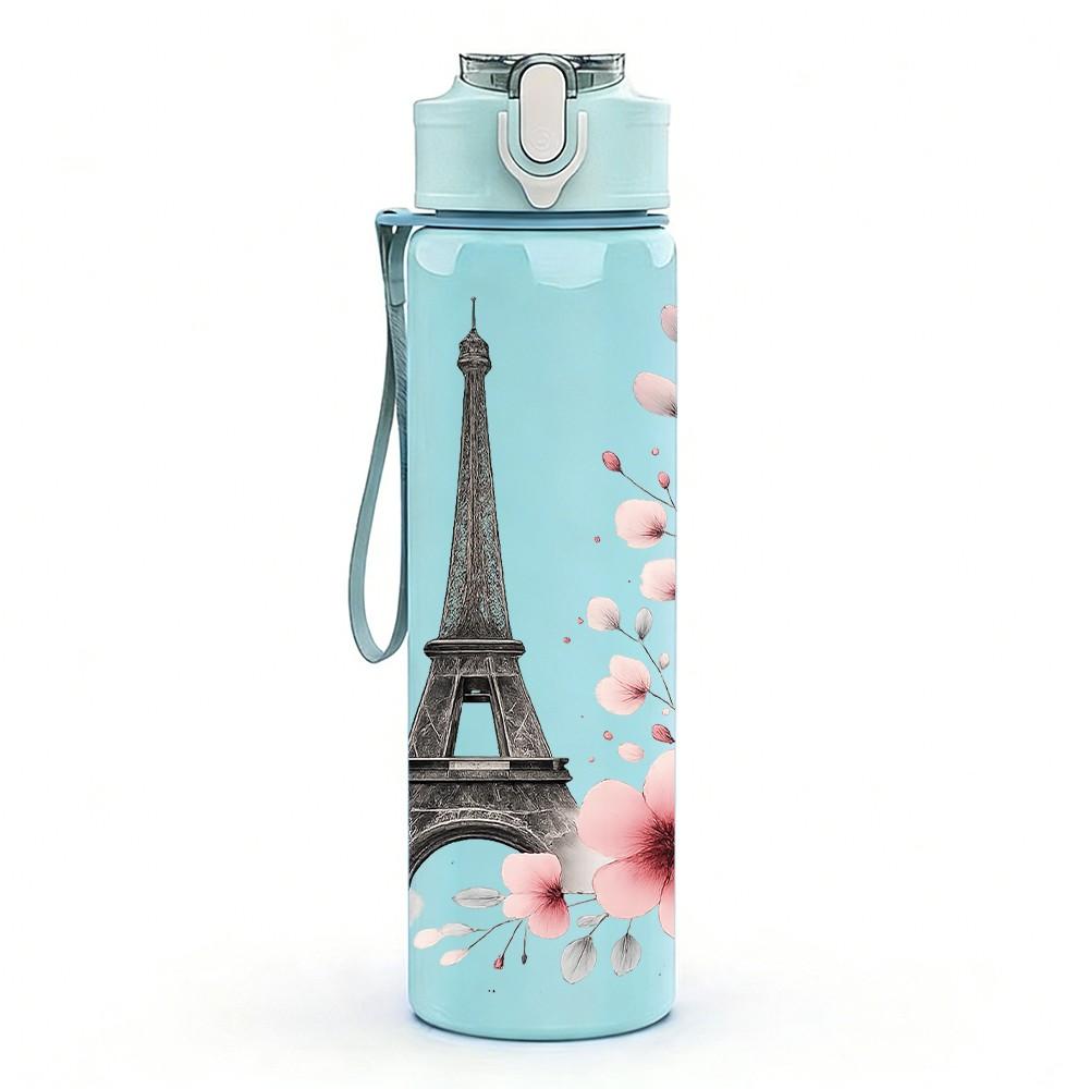 1PC Eiffel Tower Paris Floral 750ml Color Plastic Sports Water Bottle Leakproof Flip Straw Lid Suitable for Sports Office Home Use