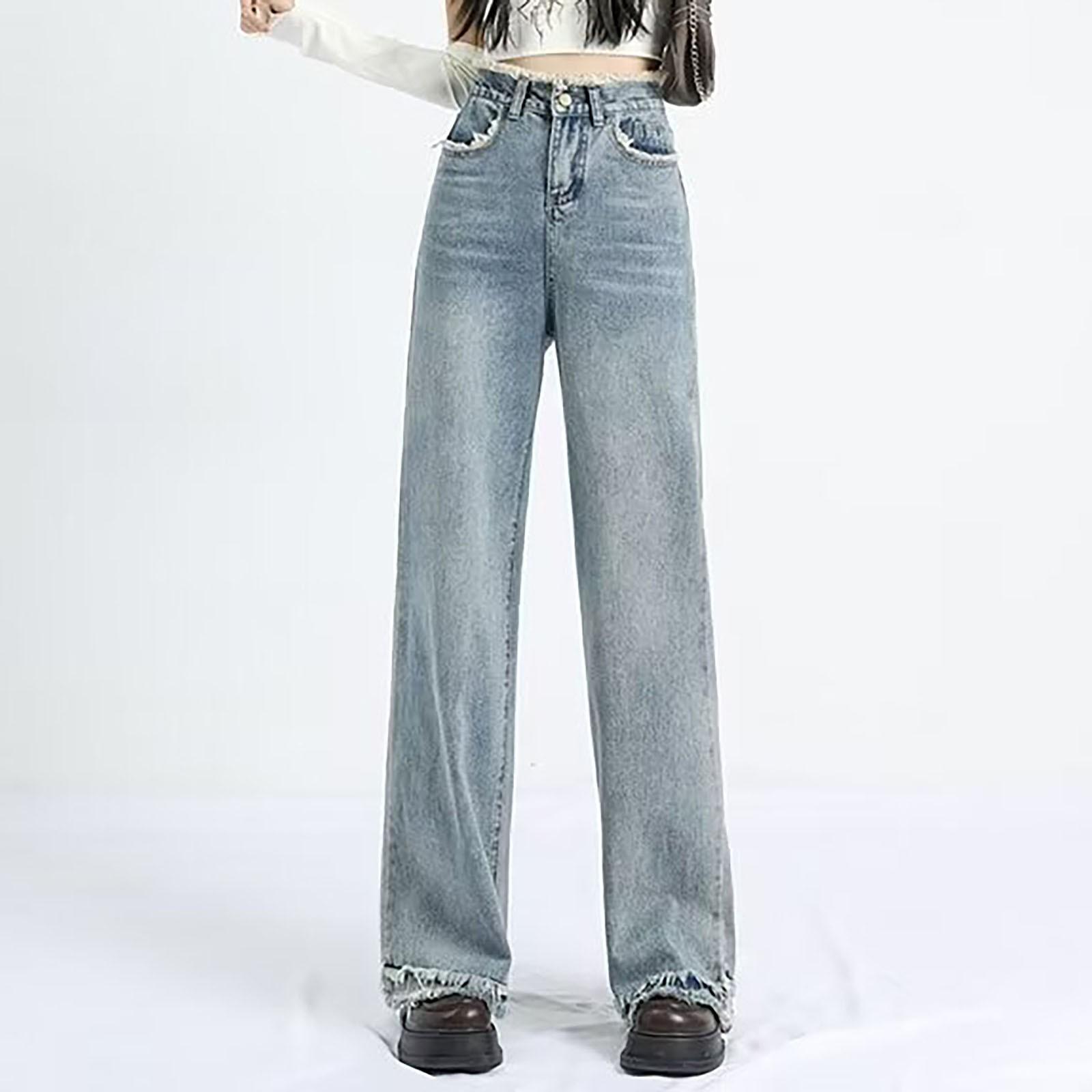 

Женская мода ретро личность потертый старый с высокой талией ретро свободные прямые джинсы L синий