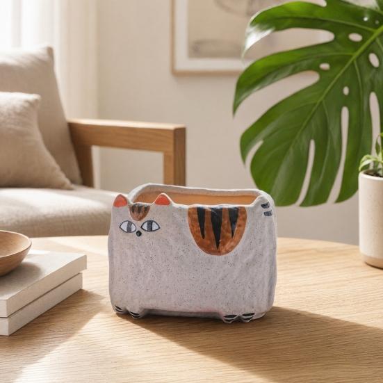 Cute Cat Planter, Cartoon Kitty Ceramic Plant Pot, Decorative Flowerpot with Drainage Hole for Succulents Cacti Small Plants Indoor Outdoor Decor