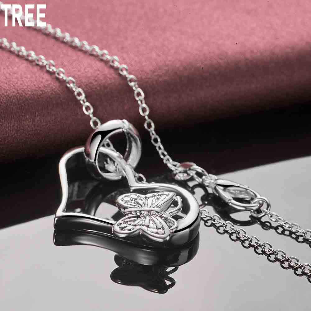 925 Sterling Silver Heart-shaped Butterfly 18 Inch Pendant Necklace Fashionable Wedding Jewelry
