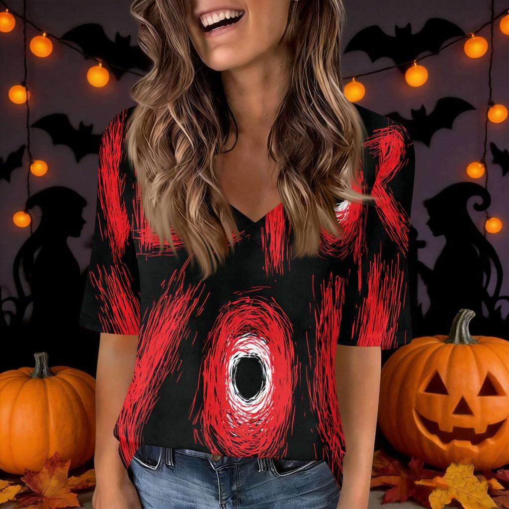 Women's V-Neck Short Sleeve Halloween Print Casual Top
