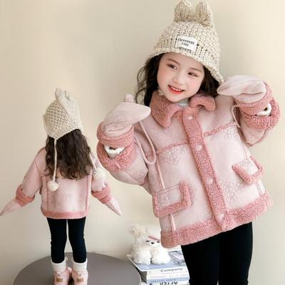 Haină de Fete din Lână de Miel cu Căptușeală Fleece - Blană Artificială, cu Nasturi Unul peste Altul, Îmbrăcăminte de Iarnă pentru Copii Mici spre Medii