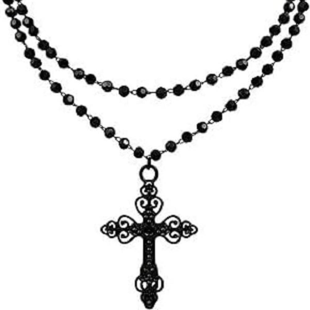 Charm Gothic Black Hollowed-out Cross Pendant Double Layer Black Beaded Necklace for Women Halloween Party Vampire Jewelry Gifts