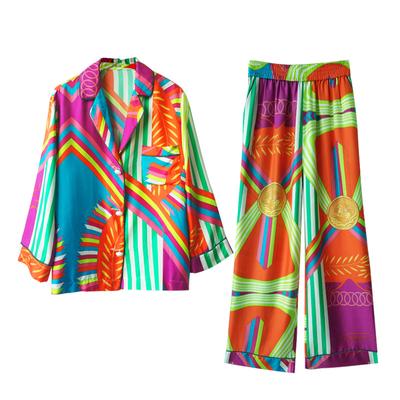 Pijama de Seda Feminino Outono Moda Coreana Roupa de Dormir Cardigã Solto Conjunto de Calça de Manga Longa Conjunto de 2 Peças Pijama Sexy de Cetim Roupas de Casa