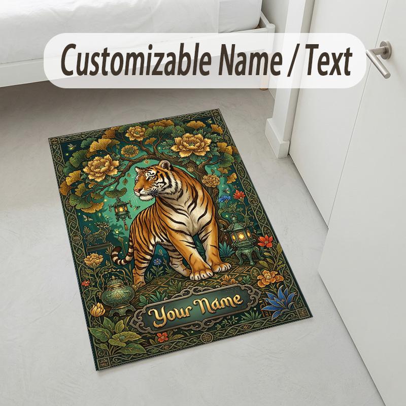 Tigers Majesty Theme Soft Crystal Velvet Rug Custom Name & Text Print Non Slip Floor Rug for Bedroom Living Room