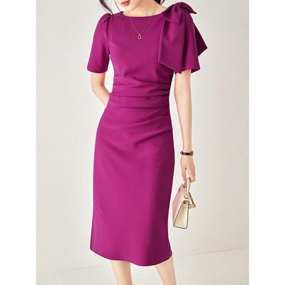 Elegant Round-Neck Dress with Bowknot and Pleats