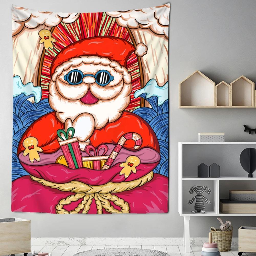 Cartoon Santa Claus Pattern Tapestry Home Bedroom Living Room Wall Decoration Christmas Theme Tapestry