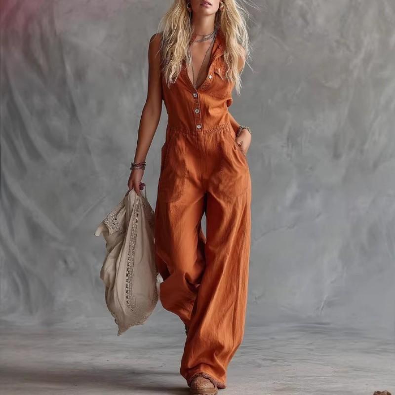 2025 Linen Cotton Sleeveless V-Neck Jumpsuit High Waist Straight Leg Casual Boho Romper Women Teens Youth