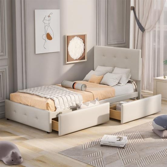 Drawer Bedside Table 99x210cm Velvet Fabric Kids Bed with Adjustable Headboard 2 Drawers Single Ergonomic Design Strong Wood Slat Support Home