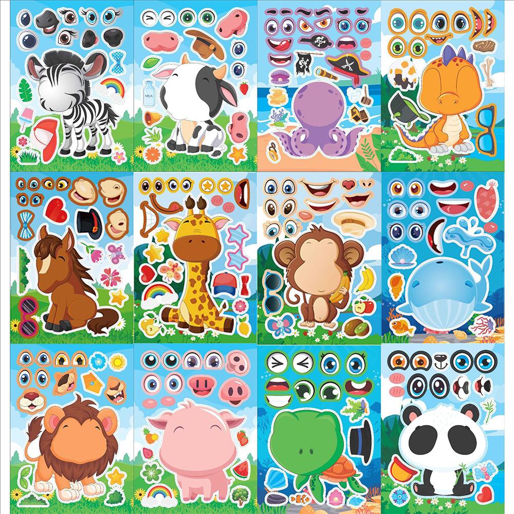 6/12sheets Funny Kawaii Cartoon Animals Puzzle Game Stickers Cute Make a Face Decals DIY Notebook Assemble Jigsaw Toys Sticker