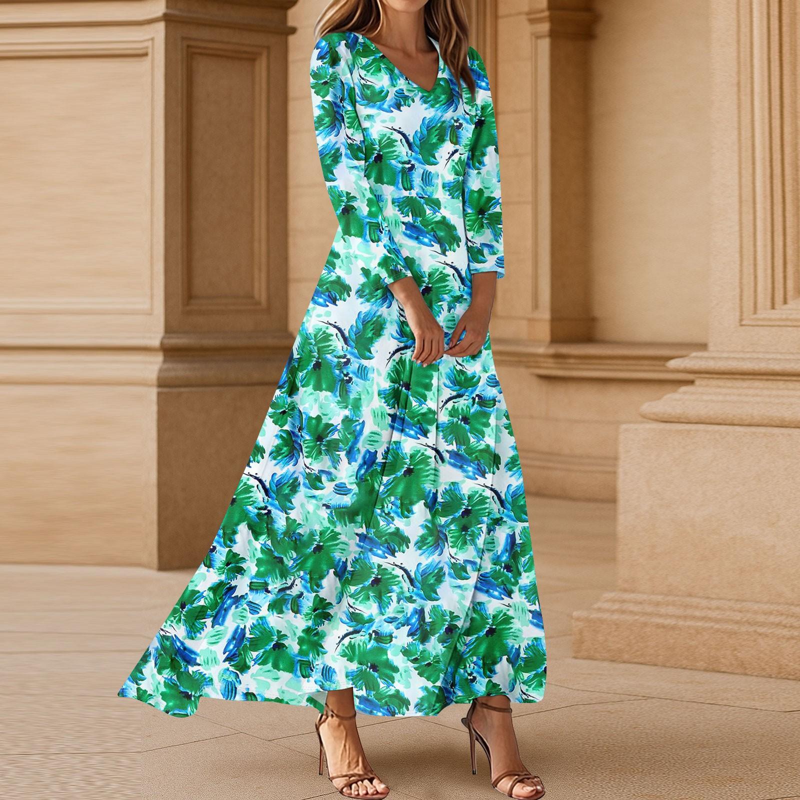 

Платья для женщин Винтажное цветочное туниковое платье миди с завышенной талией Летнее повседневное платье с рукавом 3/4 M зелёный