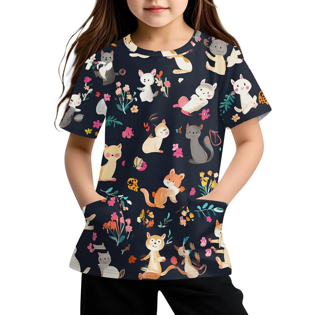 Children's Short Sleeve Pocket Tops Casual  Print T Shirt Round Neck Pullover Blouse