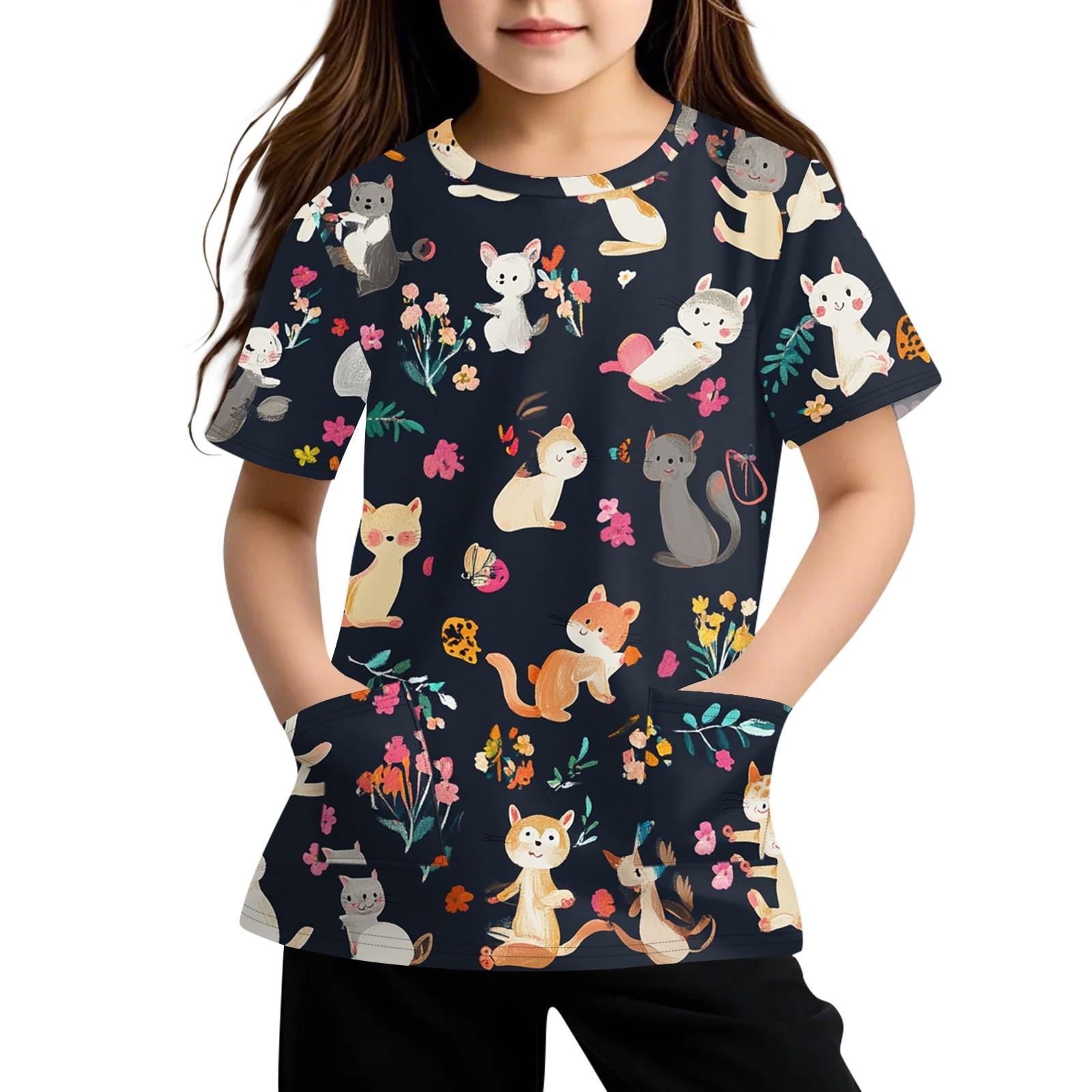 

Children s Short Sleeve Pocket Tops Casual Print T Shirt Round Neck Pullover Blouse 130 Темно-синій