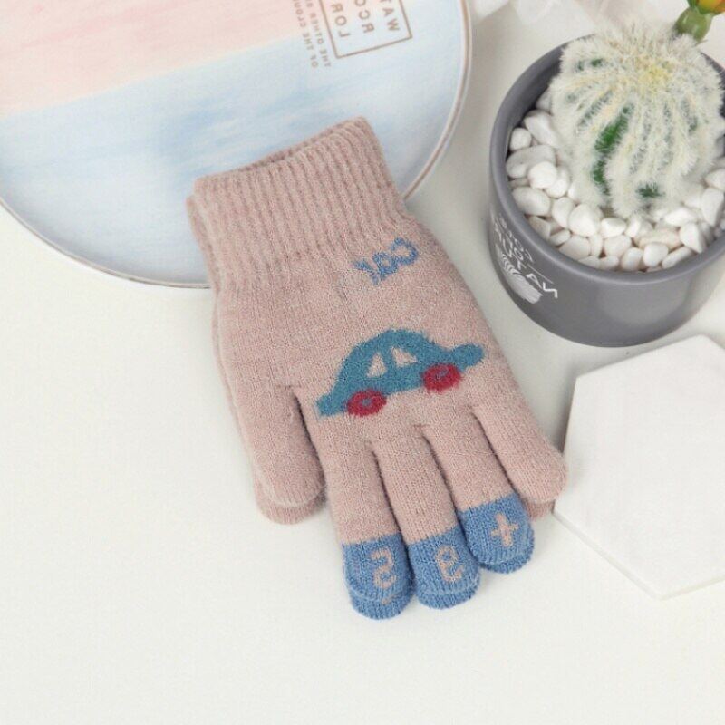 Children Gloves For 4-8 Years Boys Girls Winter Knitted Soft Warm Cartoon Car Full Finger Gloves