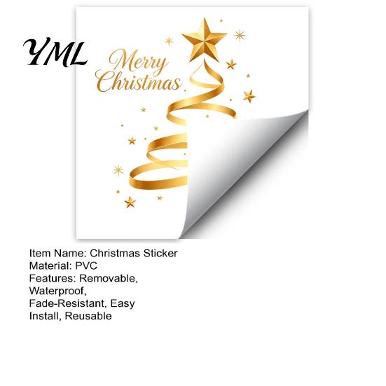 Seasonal Home Decoration Gold Ribbon Christmas Tree Static Cling Window Decal, Merry Glass Clings Sticker with Stars, Reusable Holiday Decor for Shop