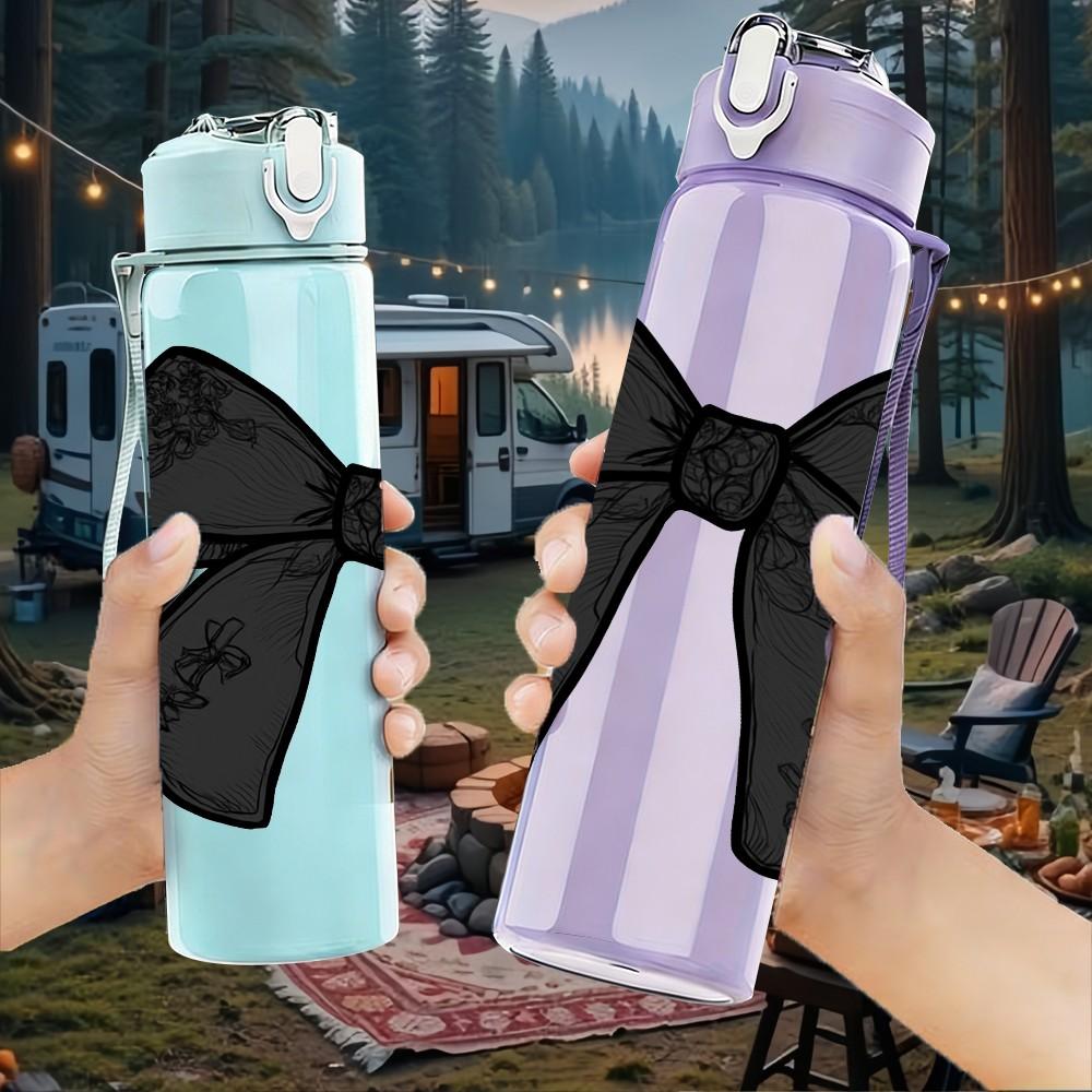 1PC Big Black Bow Knot Simple Print 750ml Color Plastic Sports Water Bottle Leakproof Flip Straw Lid Suitable for Sports Office Home Use