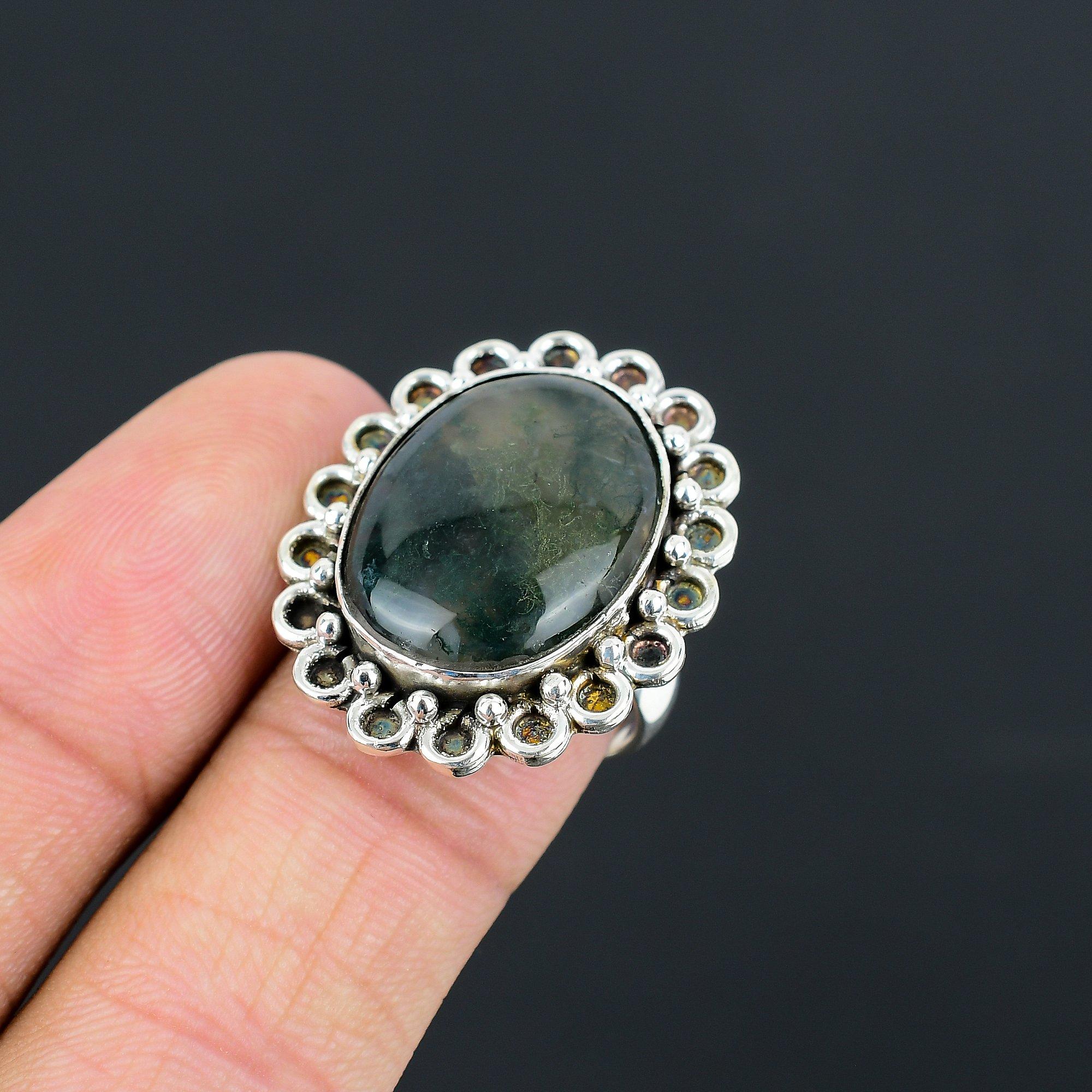 

Natural Solar Moss Agate 925 Silver Mother Boho Multi Stone Ring Jewelry US 7.5 7.5