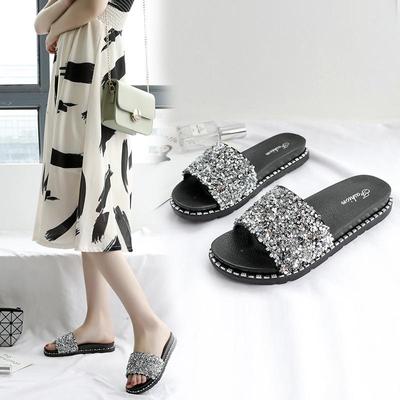 Women's Summer Sandals for Women Wearing Fashionable Korean Version Versatile Sequin Sandals with Thick Soles One Line Sandals for Beach Women's Shoes