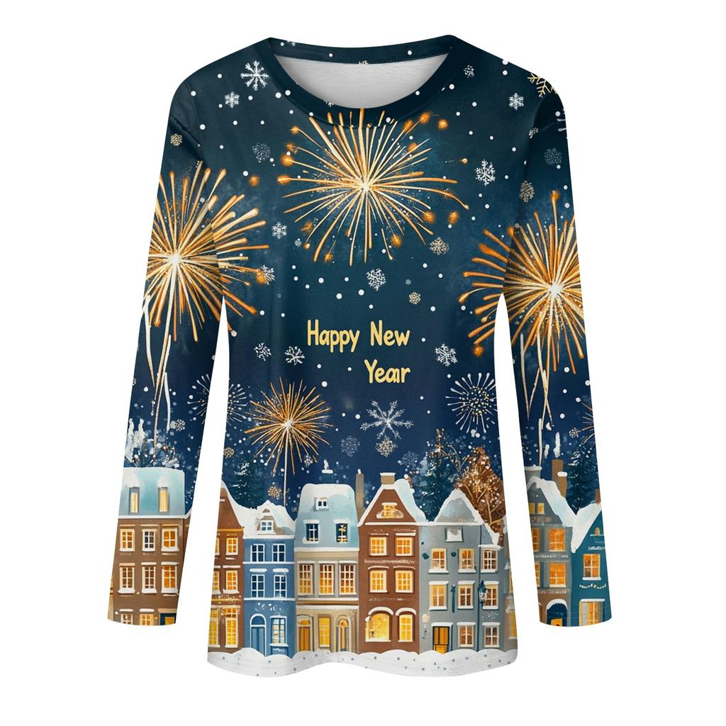 Women's Casual Fashion Sexy Comfortable Christmas Printed Round Neck Long Sleeve Top