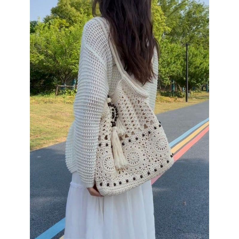 

Hollow Woven Bag for Women 2025 New Exquisite Tassel Large Capacity Straw Bag Trendy All-Match Underarm Bag Beige White