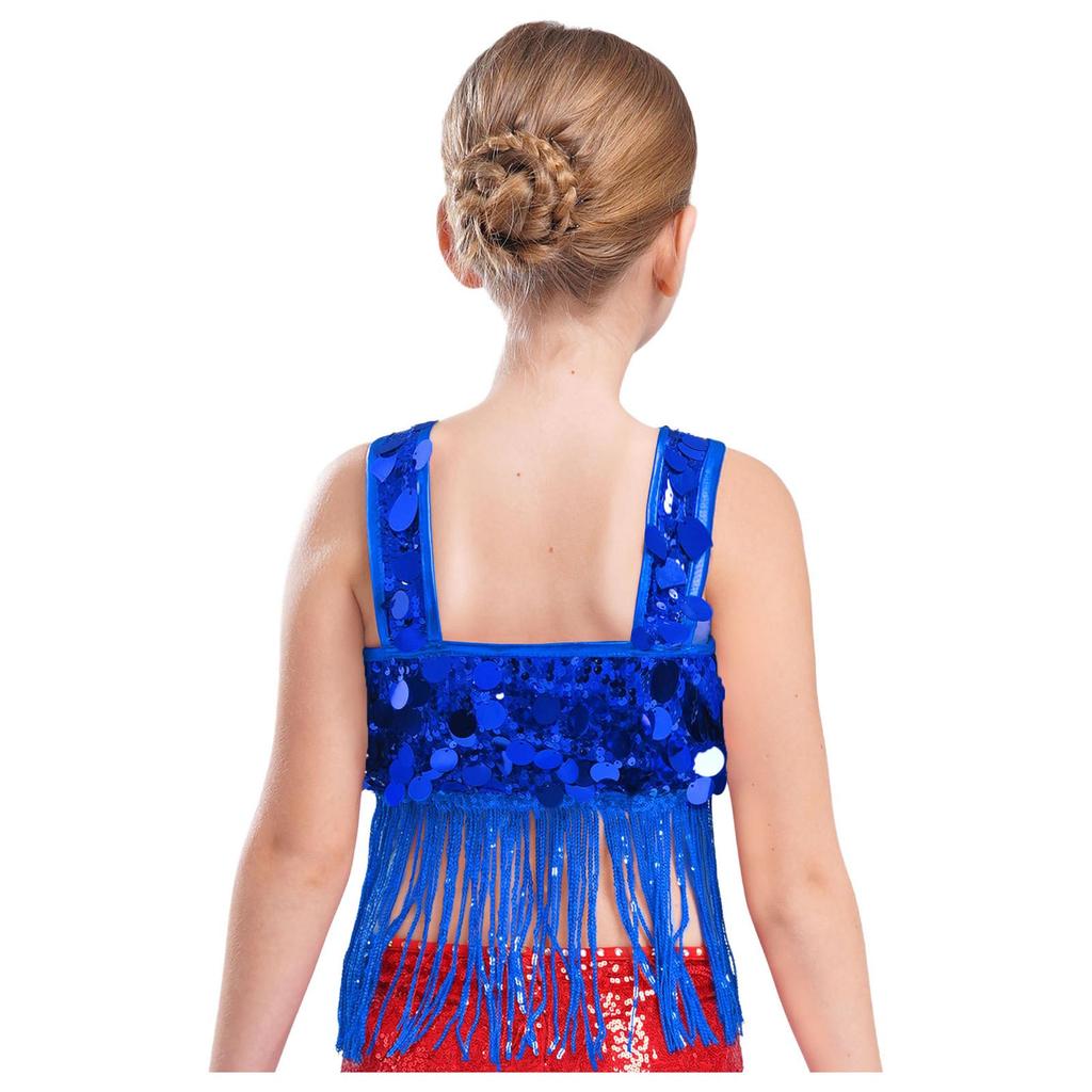 Dívčí taneční crop top se širokými ramínky a třásněmi z lesklých flitrů pro jazzové párty vystoupení