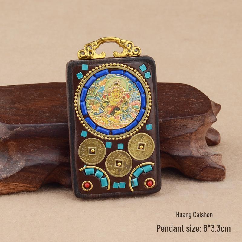 Tibet Thangka Necklace Zha Ji La Mu Yellow Jambhala Buddha Talisman Pendant Ethnic Style Ebony Wood Wealth Charm Accessory.